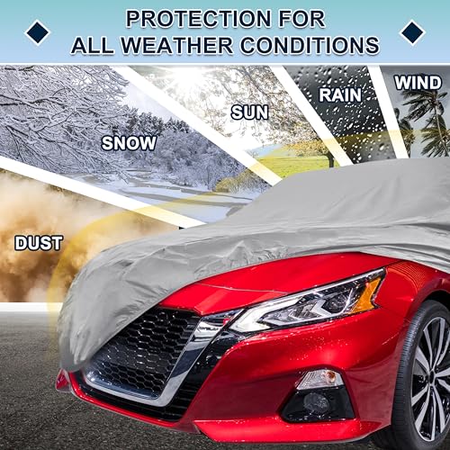 Image of Silver Tone Heavy Duty Waterproof Car Cover for Sedan 201 inch-207 inch - All-Weather UV Protected Outdoor Full Exterior Cover with Sun /Snow /Rain Resistance