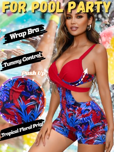 Tropical Monokini Swimsuits with Shorts, Push Up Tummy Control, One Piece Bathing Suit for Women4