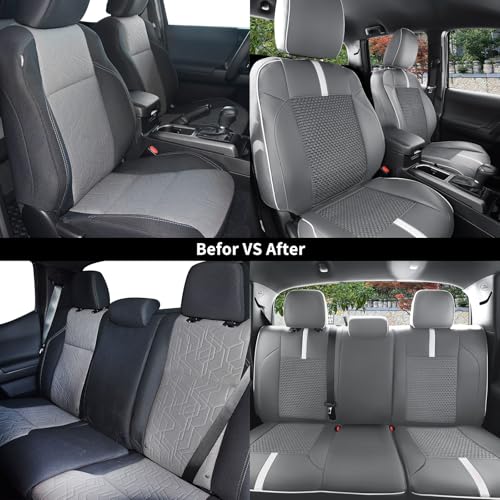 Image of Seat Covers Custom Fit for Toyota Tacoma 2016-2023 3rd Gen Double & Crew Cab SR,SR5,Limited,TRD Pro,TRD Sport, TRD Off-Road,Full Coverage Breathable Leather Seat Covers (Full Set,Grey White)