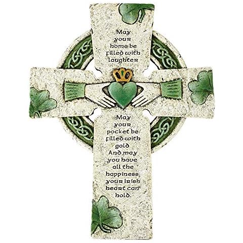 Elysian Gift Shop Irish Blessing Celtic White and Green Wall Cross with Claddagh, Celtic Knots and Shamrock Design Details (10" H) Cover