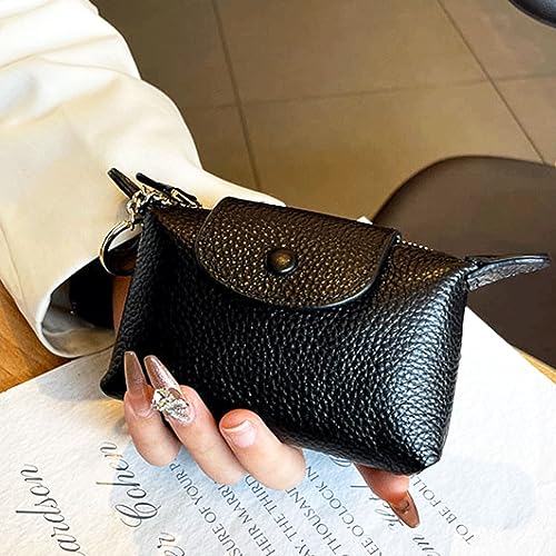 Image of Black Leather Coin Pouch, Zipper Change Holder for Loose Change & Keys