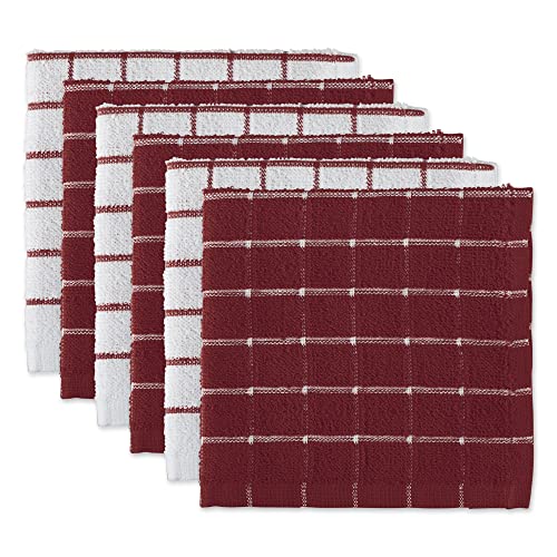 DII Basic Terry Collection Windowpane Dishcloth Set, 12x12, Wine, 6 Piece
