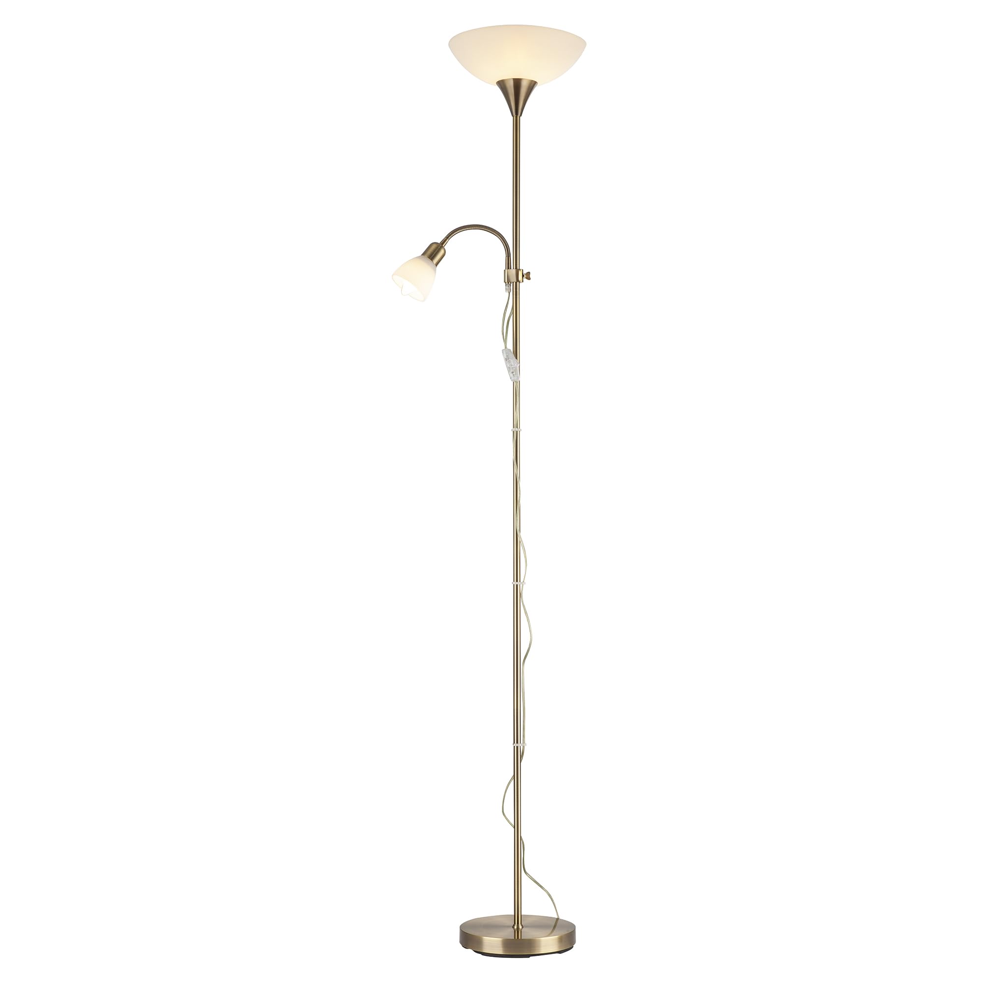 Happy Homewares Antique Brass Mother and Child Floor Lamp with Adjustable Reading Light and Switches | 180cm x 25cm | Opal Polycarbonate Shades | 1 x 11w and 1 x 7w