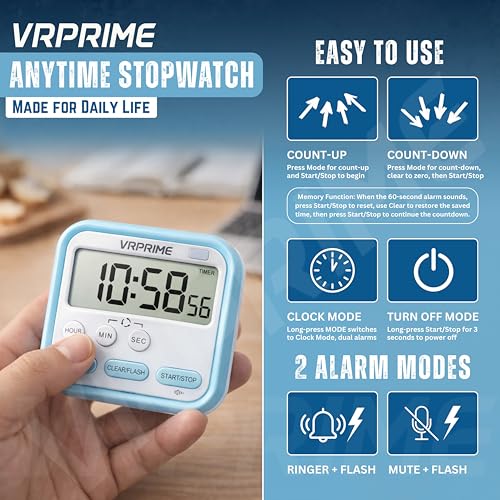 Image of Timer Clock for Study | Stopwatch for Study | Digital Alarm Clock | POMODORO Timer for Study | Digital Table Clock with Large Display, Round Alarm, Adjustable Stand (Blue)