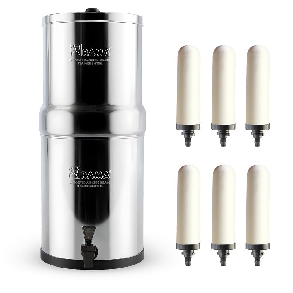 RAMA Gravity Water Filter | 32L Total Capacity (16L Storage) | 304 Stainless Steel Non Electric Water Purifier Filter for Home | Includes 6 Spirit 7" Ceramic Candles & 10-Year Warranty