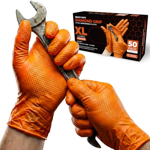 PRAIMA Mechanic Gloves Diamond Grip Orange Nitrile Disposable Gloves | Powder-Free Latex-Free Extra Thick & Strong Rubber Gloves for Work Automotive Industrial and Cleaning Use (XL 50 count)