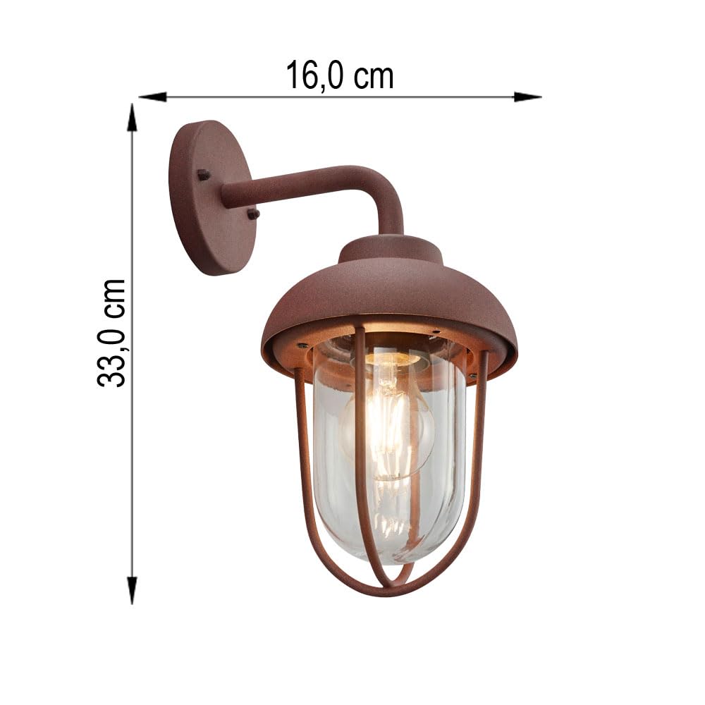 Trio Leuchten Duero 202760124 - Lampada da parete per esterni, in alluminio pressofuso, vetro trasparente, 1 lampadina E27, colore: Ruggine