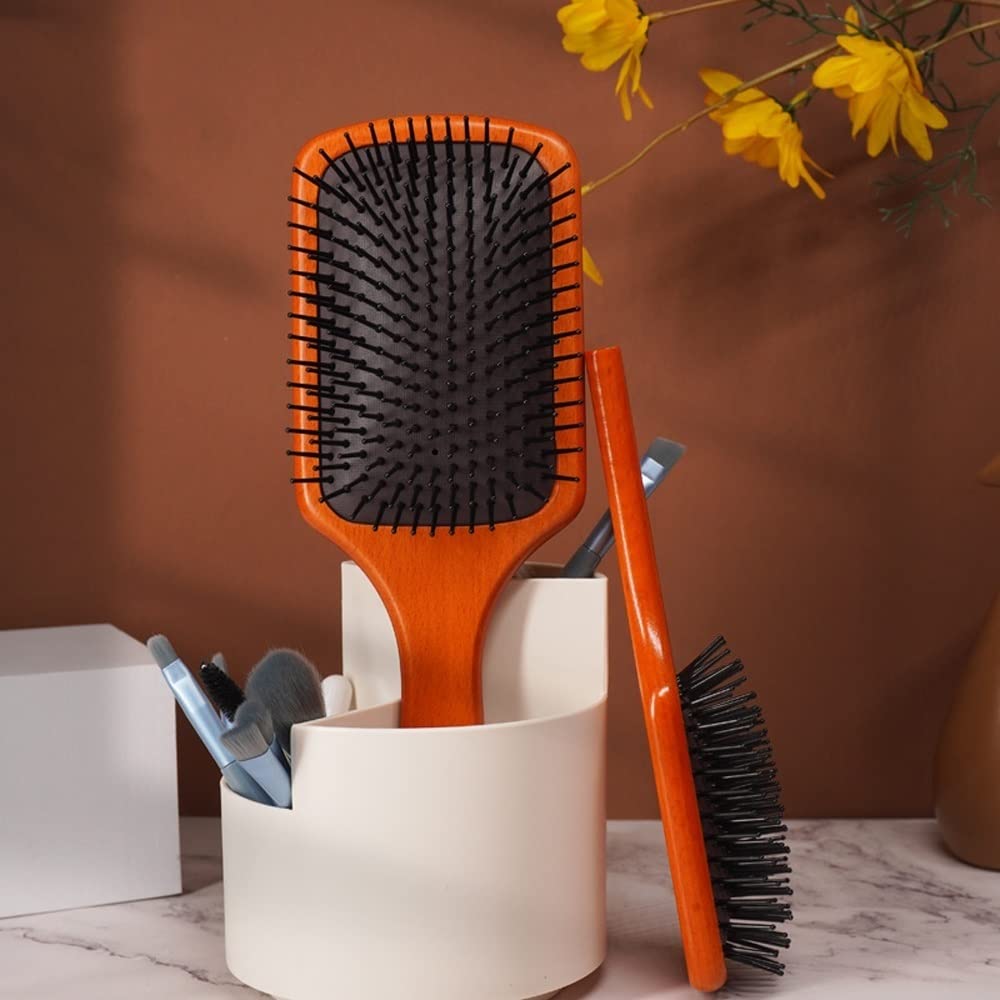 Peine de masaje cuadrado, peine de peluquería con cojín de aire, cepillo for el cabello, cepillo for el cabello con mango de madera ecológico natural for hombres y mujeres con cabello largo grueso, ri