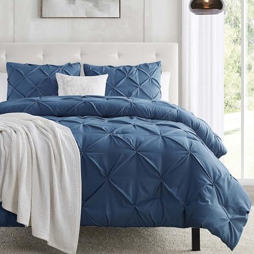 Image of Nestl Twin Duvet Cover Set Navy Blue - Soft Double Brushed Duvet Set with Button Closure & Corner Ties, 2 Piece Luxurious Pinch Pleated Duvet Cover Set 68x90 Inches with 1 Pillow Sham