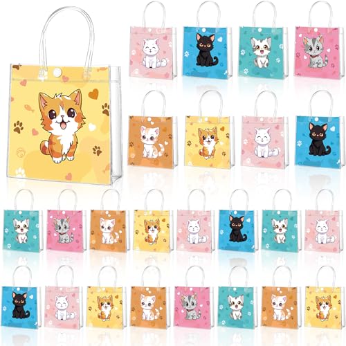 24Pcs Cat Clear PVC Gift Bags with Handle Cat Goodie