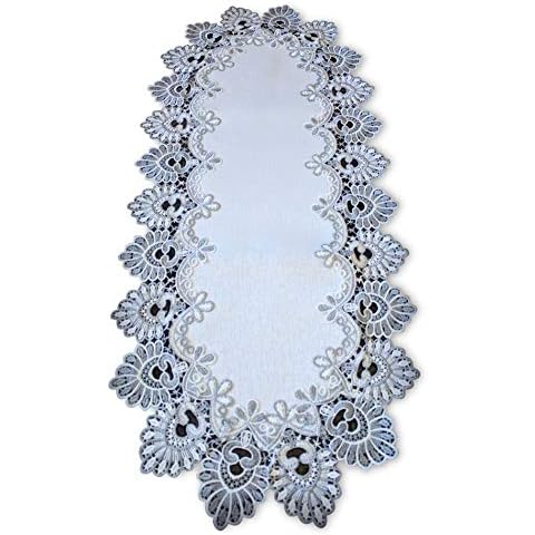 Galleria di Giovanni Silver Gray Lace Table Runner Antique White 35 Inch Dresser Scarf Doily Cover