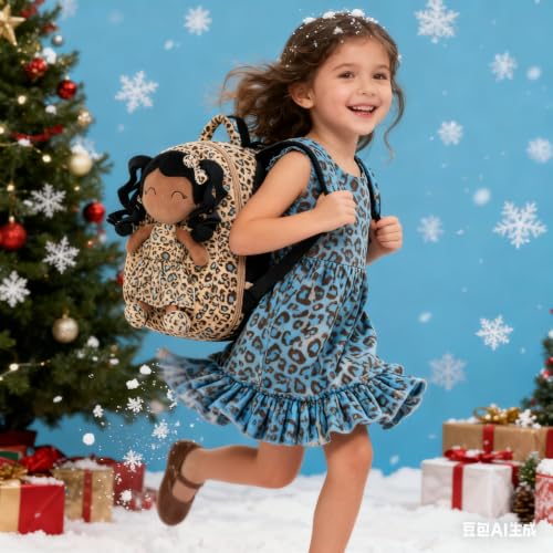 Image of Gloveleya Toddler Backpack Baby Girl Gifts Curly Hair Plush Figures Dress Backpack Kids Backpack Curly Hair Spring Girl - Black Leopard 9inches