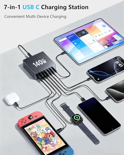 Image of USB C Charging Station, 140W GaN III 7 Port Fast Charger Station, PD 3.0 USB Charging Station for Multiple Devices, Multiple USB C Charger Station for iPad iPhone Samsung Android (2 Pack, Black)