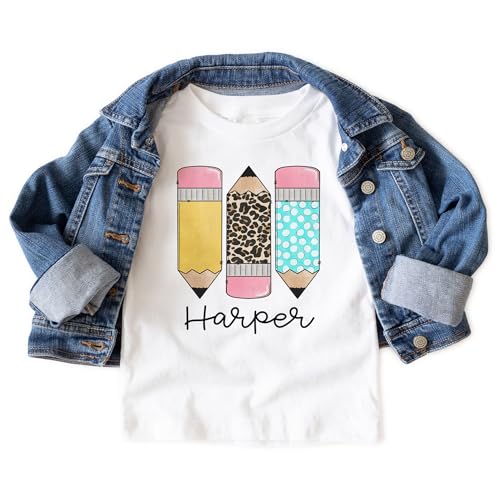 Girls Personalized Back to School Shirt - Custom Name T-Shirt with Cute Pencils, Leopard Print, and Polka Dots - Perfect First Day of School Outfit - Natural Toddler & Youth T-Shirt3