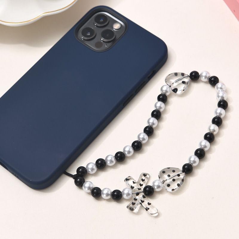 JOIUXNER Beaded Phone Lanyard Wrist Strap,Classic Black and White Series Pearl Phone Charm Chain String Hanging Cord for Women Girl