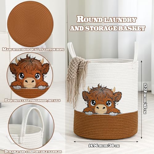 Image of Honeydak Highland Cow Laundry Basket Brown Tall Cotton Rope Laundry Hamper Large Nursery Storage Basket for Toy Clothe Bathroom Bedroom Organization Decor, 15 x 17.7 Inches