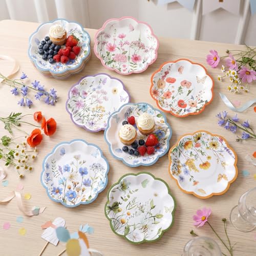 Image of Funnymoom 60 Pcs 7 Inch Wildflower Paper Plates Spring Floral Disposable Party Plate for Dessert Summer Flower Scalloped Plate for Baby Bridal Shower Wedding Birthday Tea Party Decoration Supplies