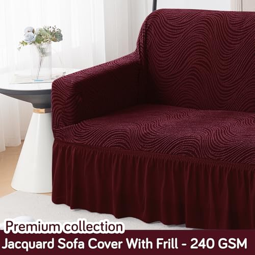 Image of HOKIPO 240 GSM Premium Jacquard Fully Covered Stretchable Sofa Cover for 2 Seater, 'Serene Wave Series' Wine (AR-6353-WINE)