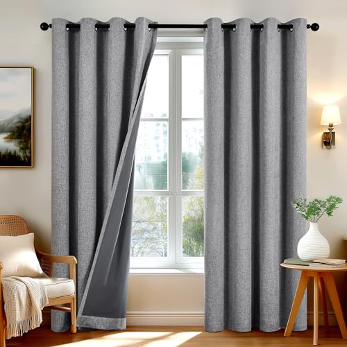 Deconovo Rideaux occultants 100% Aspect Lin, 2 Panneaux 140x240 cm, œillets, Isolation Thermique phonique, Rideau obscurcissant pour Salon Chambre, Gris Clair