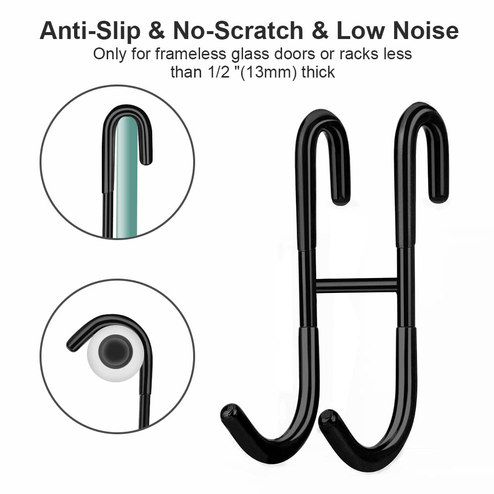 Haitis 2 Pack Over Shower Glass Door Hook, Plated Matt Black, 304 Stainless Steel Rack Hooks, Bathroom Frameless Drilling-Free Hanger, for Bathing Suits, Robe, Towel, Squeegee, Loofah, Shaver