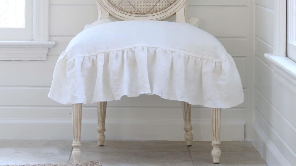 Luxury Chair Cover, Seat Size 20" x 18", Ruffled Linen, Dining Chair Covers, Slipcover, Farmhouse Decor, Heavy Drape Linen, (Warm Off) White