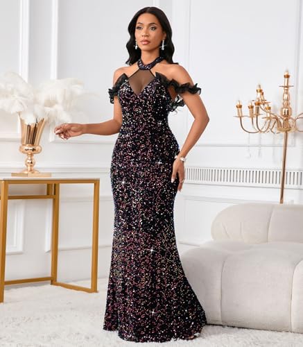 Image of Cololura Women Sexy Sequin Halter Neck Short Sleeve Mesh Perspective Party Bodycon Evening Cocktail Maxi Dress
