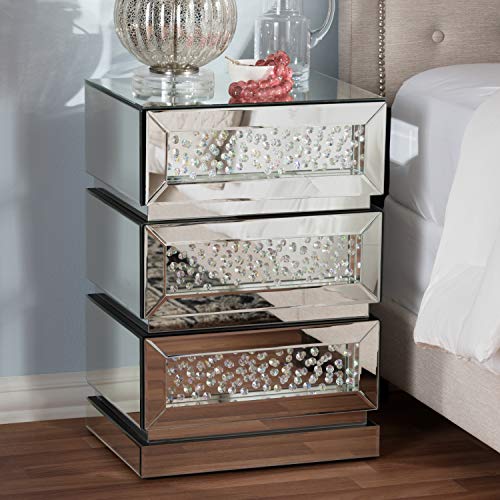 Baxton Studio Sabrina Hollywood Regency Glamour 3-Drawer Nightstand Glam Silver Mirrored MDF