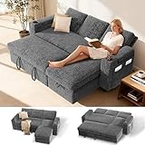 Sunny Heart L-Shaped Sleeper Sofa with Pull Out Bed, 82' Sectional Couch with Reclining Backrest, Reversible Storage Chaise, Armrest Storage, Cup Holders, Side Pockets, Tool-Free Assembly, Grey