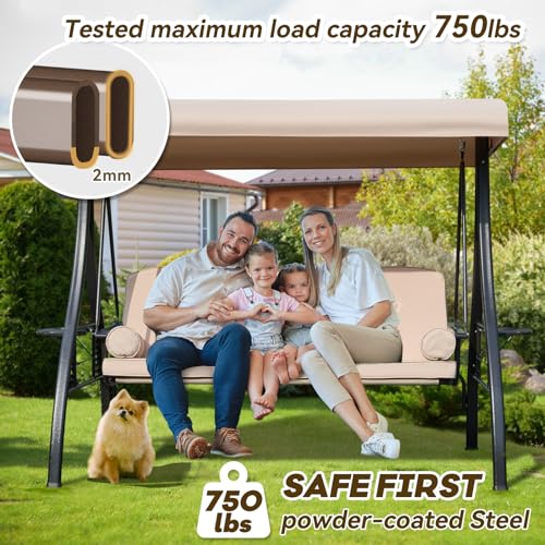 Image of 3 in 1 Outdoor Porch Swing with Adjustable Canopy, 3 Seat Outdoor Swing for Adults, Patio Swing Chair with Thickened Cushions,Pillows & Cup Holders for Backyard, Porch, Garden (Khaki)