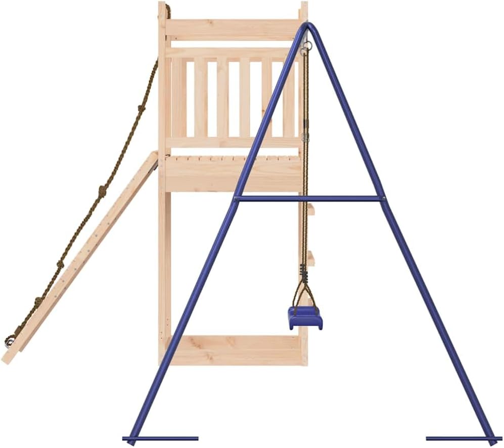 Outdoor Playset Natural Wood Blue Solid Pine Wood Large Durable with Climbing Wall and Single Swing for Kids Ages 3-8 Years Spacious Layout for Up to Three Children