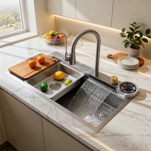 Image of Wallace 304 Grade Silver Single Bowl Multifunction Kitchen Sink 24 x 18 x 10 Inch | Stainless Steel Workstation Sink with Integrated Waterfall Cup Washer Drain Basket RO Tap & Pull Down Faucet