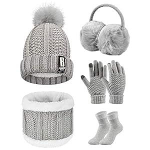 Tuopuda Cappello Sciarpa e Guanti Touch Screen Donna Invernali Berretto in Maglia Beanie Collo della Ciarpa 5 Pezzi Beanie Hat Scaldacollo Calzini Ispessiti Paraorecchie Earmuffs di Peluche