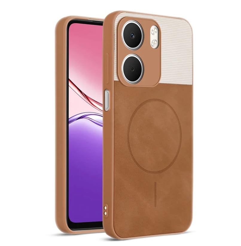 Image of Bintage CASE Mac Safe Design Hard Light Weight Back Case | Soft Border Camera Protect | Dual PU Leather Finish Back Cover Compatible for Oppo A5x 5G - White & Brown
