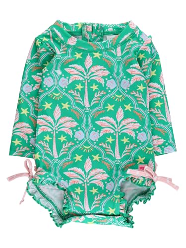 Image of RuffleButts Baby Girls UPF 50+ Sun Protection Floral Printed Long Sleeve One Piece Rash Guard Swimsuit with Zipper