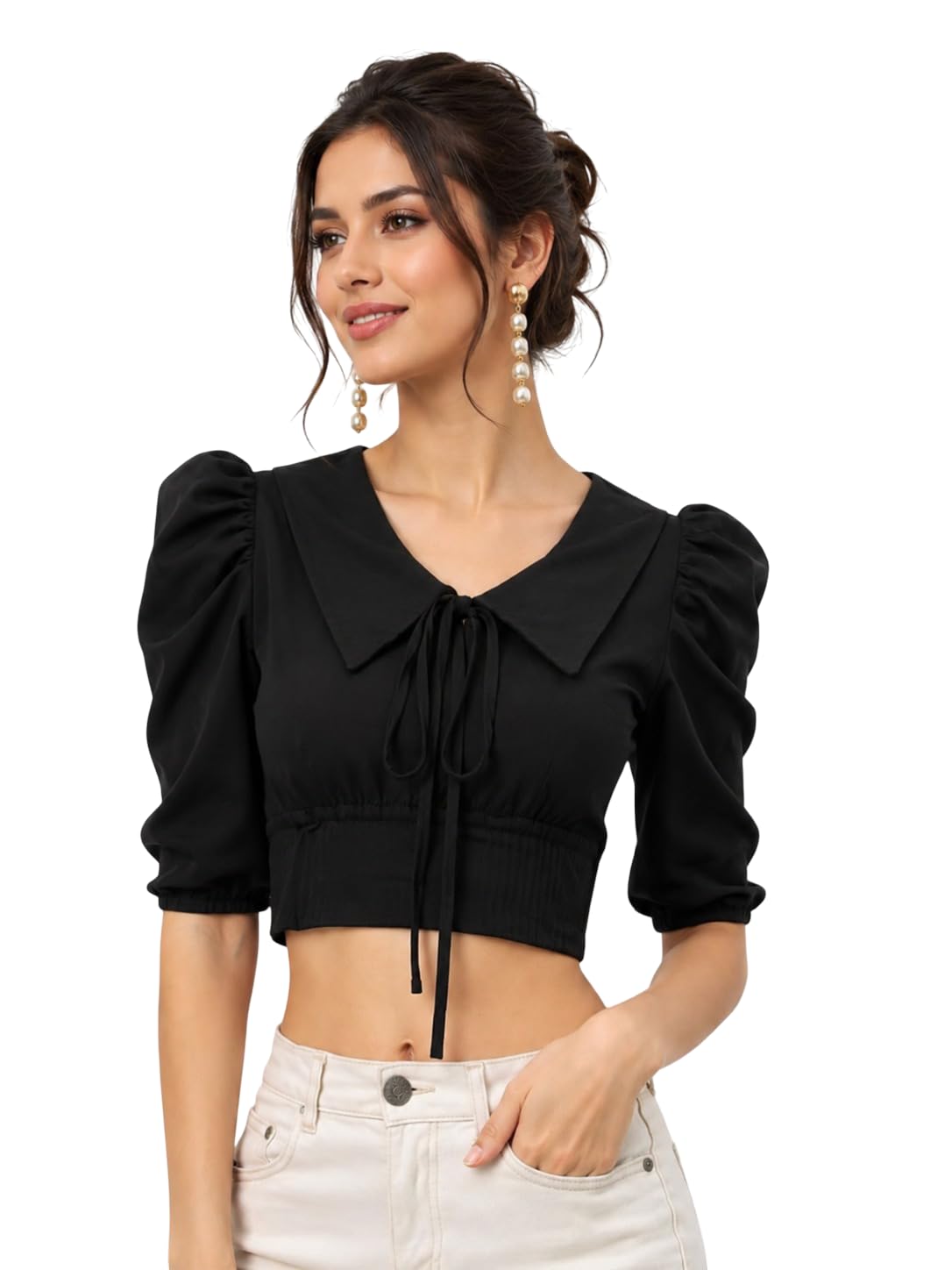 Women's Ribbed Puff Sleeve Crop Top with Peter Pan Collar & Tie Front | Stylish for Girls | Half Sleeve Casual Fashion Apparel | Perfect with Jeans, Skirts, Shorts & Trousers-image-26