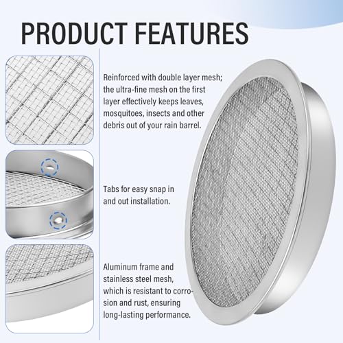 Rain Barrel Screen, 6 Inch Ultra Fine Mesh Aluminum Rain Barrel Top Screen Filter Rainwater Collection DIY Rain Barrel Diverter Kit - Keep Mosquitos and Debris Out of Rain Barrel