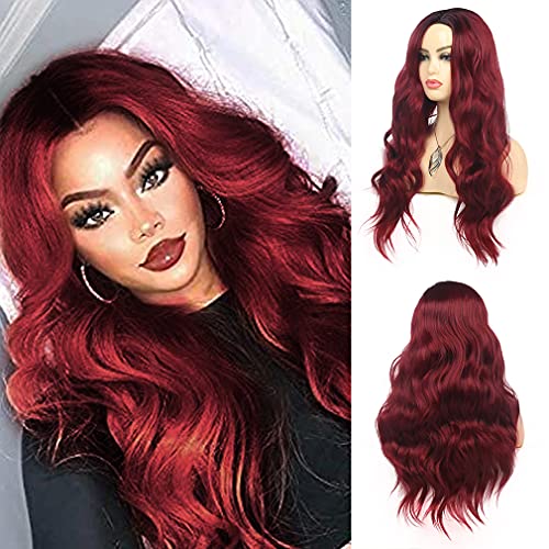 Beweig Long Curly Wavy Wine Red Wigs for Women Middle Part Ombre Burgundy Synthetic Heat Resistant Wigs for Daily Use Halloween Cosplay,30Inch
