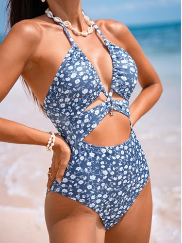 CUPSHE Women's One Piece Swimsuit Plunging Neck Bathing Suit Halter Strappy Cutout Swimwear Textured3