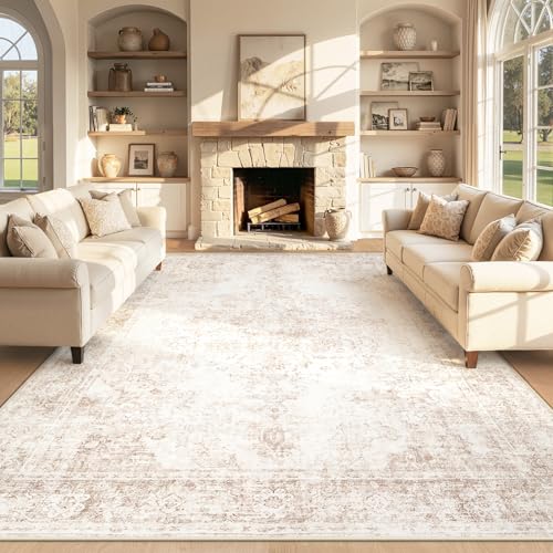 Area Rug 8x10 Vintage Rug: Large Washable Indoor Medallion Rugs Low Pile Distressed Floor Carpet Retro Accent Rug for Living Room Bedroom Kitchen Dining Table Home Office(Retro Beige, 8'x10')