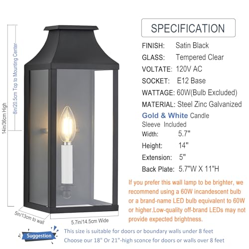 Image of 14 inch Small Classic Outdoor Wall Lantern Light for House Exterior,Handcrafted Satin Black Metal Cage Mounted Pocket Wall Sconce W /Clear Tempered Glass,Waterproof for Porch, Patio, Garage&Front Door E12