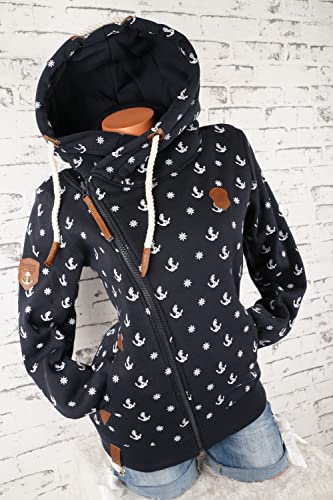 VIN TE Damen Sweat Jacke XXL Kapuze Hoodie Übergangsjacke Fleece gefüttert schräger Reißverschluss verschiedene Modelle Anker Pfote M - 3XL (as3, alpha, 3x_l, regular, regular, Blau-1797, 3XL)