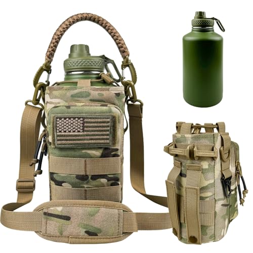 Image of Half Gallon Water Bottle with Sleeve - 64 oz Insulated Water Jug with Handle Tactical Stainless Steel Sports Water Bottle with Strap for Gym Workout Hiking Camping Camo Pouch