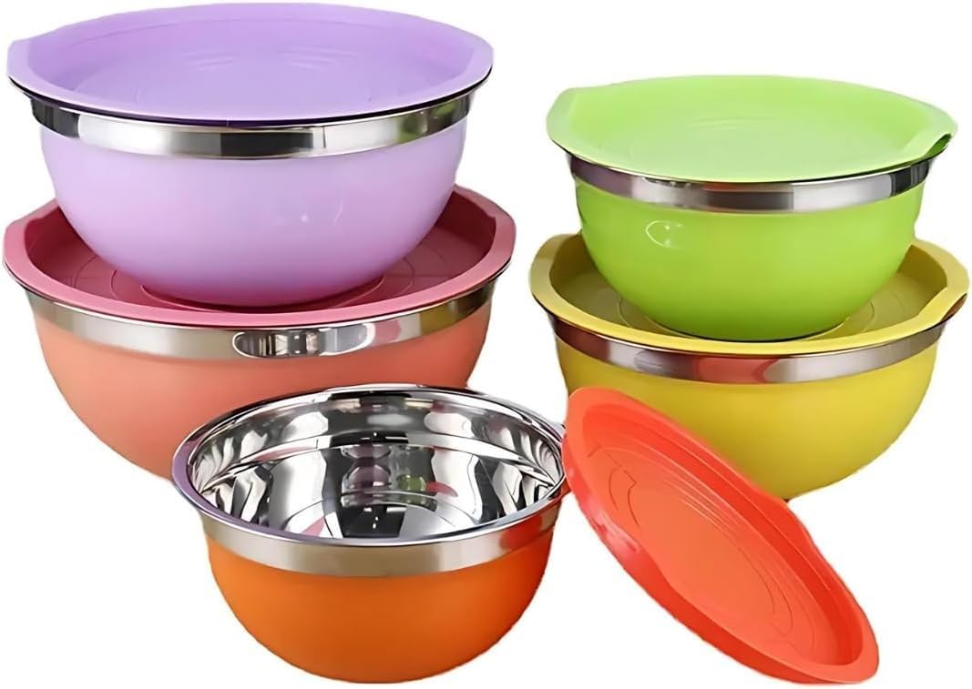 LICITE USA Set of 5 Colorful Stainless Steel Mixing Bowls with Matching Lids – Nesting Design for Space-Saving Storage, Ideal for Cooking, Baking, and Meal Prep