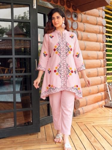 Image of ANNI Designer Women Kurta Set | Cotton Embroidered A-Line Kurta with Pant Co-ord Set | 3 /4 Sleeve Mandarin Collar Kurti Set for Women | Daily Office Party Wedding Ethnic Suit