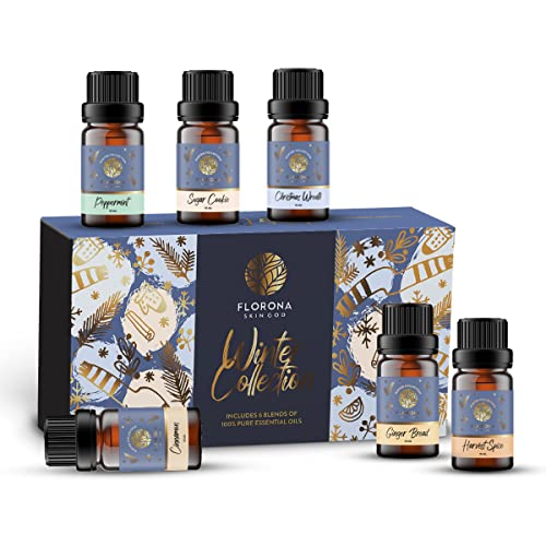 Florona Winter Set of 6 Premium Grade Fragrance Oil - 2 fl oz (10 ml x 6) for Diffuser Aromatherapy- Peppermint, Sugar Cookie, Christmas Wreath, Cinnamon, Ginger Bread, Harvest Spice