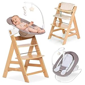 Hauck Alpha Plus Newborn Set Deluxe – Trona evolutiva madera con cojín – Trona hamaca bebe con móvil – Tronas de bebe – Trona convertible (Madera)