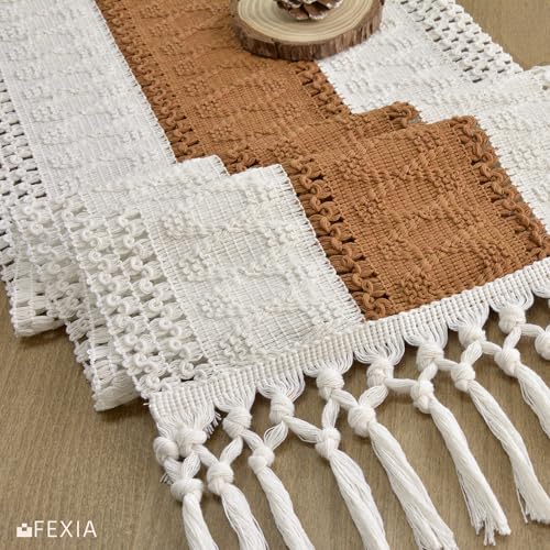 Image of FEXIA Boho Table Runner with Tassels 72 Inches Long for Summer Home Decor Farmhouse Rustic Macrame Burlap Table Decoration for Living Room Dining Room, Reddish Brown(12x72 Inches)