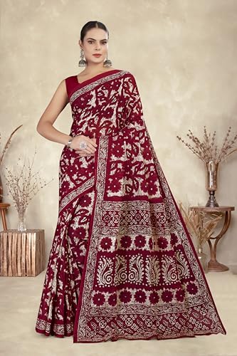 Image of TAMAIRA FASHION Mulmul Pure Cotton Saree For Woman Floral Batik Printed |Office Wear Daily Wear Sarees For Women Without Blouse Piece (Available in 16 Colours)