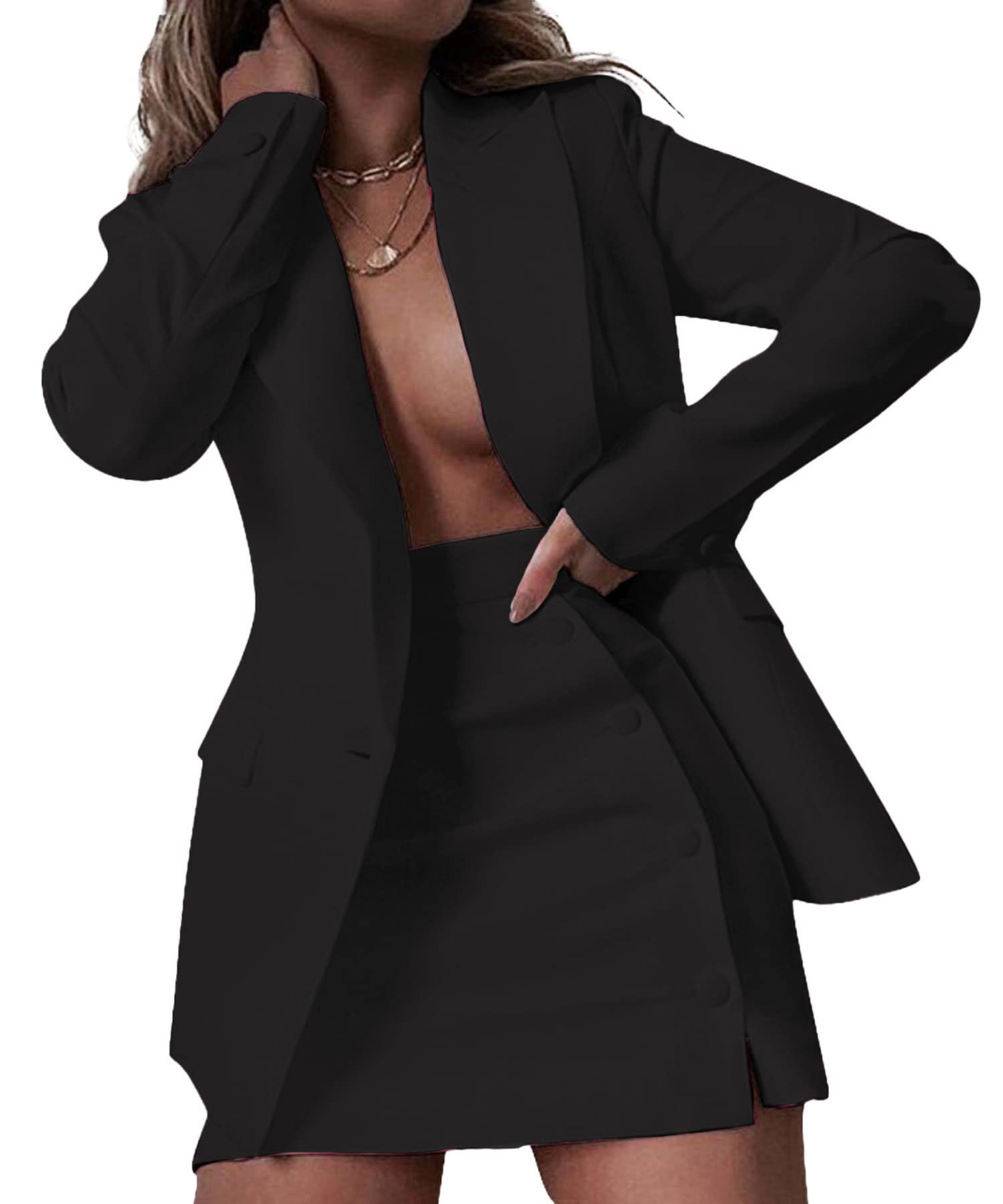Tcremisa Womens 2 Piece Outfits Long Sleeve Lapel Blazer and Slit Mini Skirt Suit Set Office Business Suits