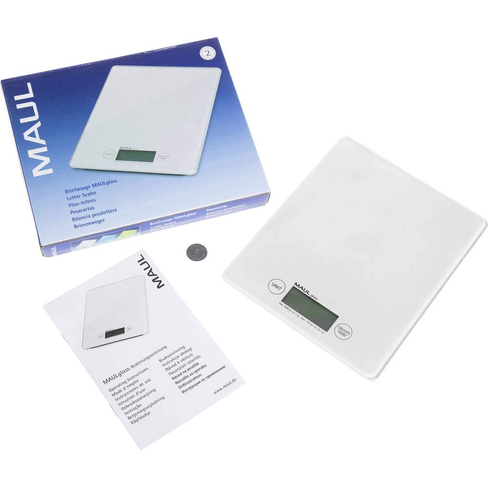 MAUL Digitale Briefwaage weiß MAULgloss 5 kg präzise ultraflach kabellos | edle Sicherheitsglasfläche, platzsparend flaches Design, Ein-Tasten-Bedienung, Tare für bequemes Zuwiegen, Batterie dabei